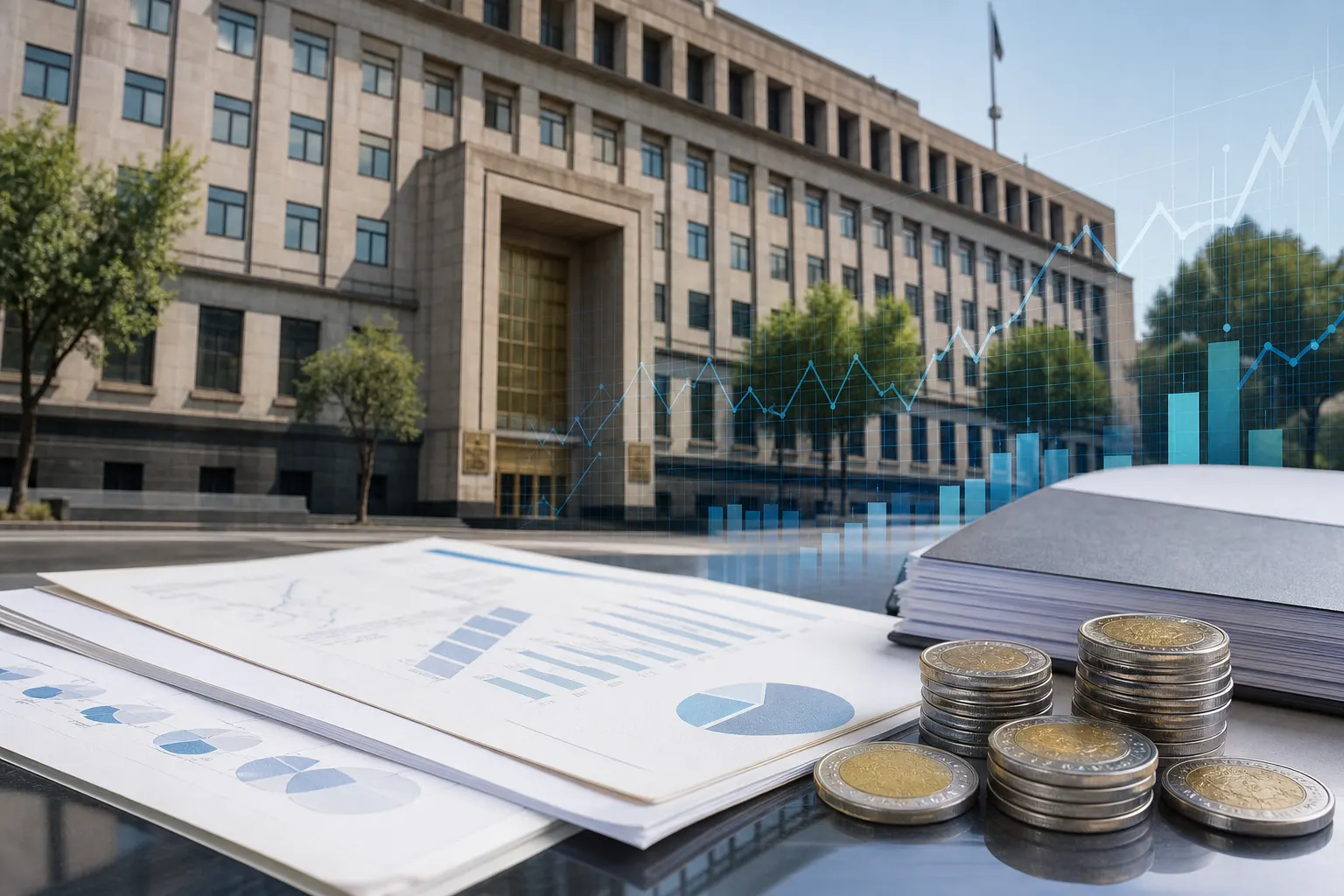 Documentos financieros y monedas mexicanas para ilustrar la deuda neta del Gobierno federal