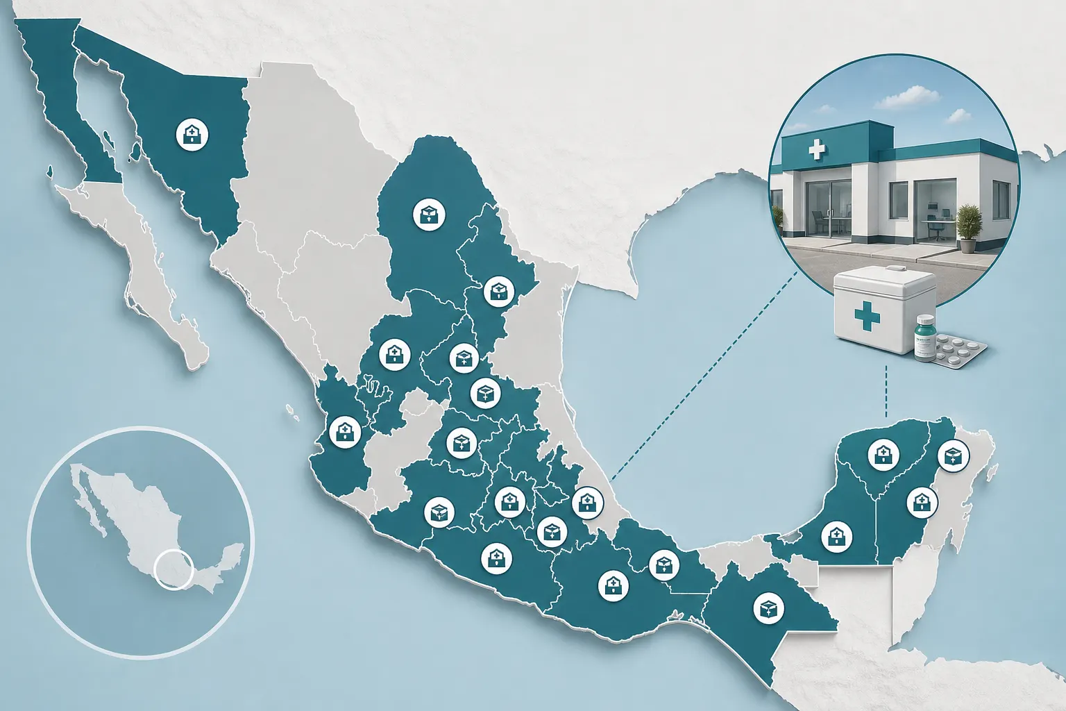 Mapa de México con la expansión del Servicio Universal de Salud y las Farmacias del Bienestar en 24 estados