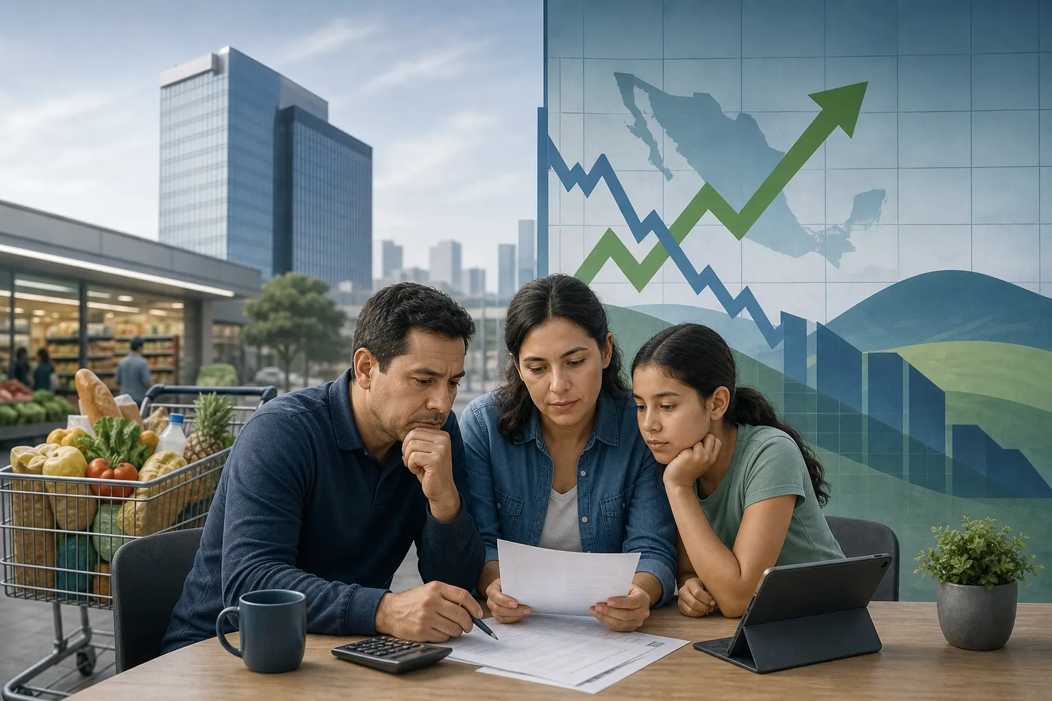 Familia mexicana revisa su presupuesto mientras una gráfica económica muestra una recuperación parcial de la confianza del consumidor