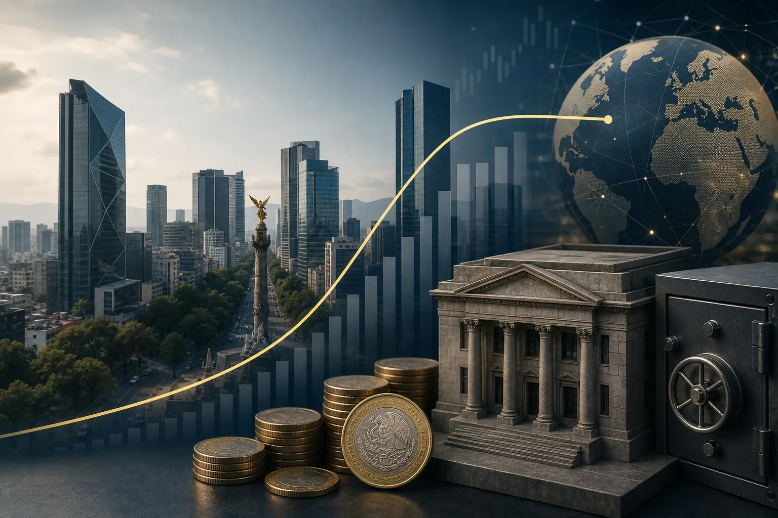 Gráfica de moderación económica frente a edificios financieros de Ciudad de México