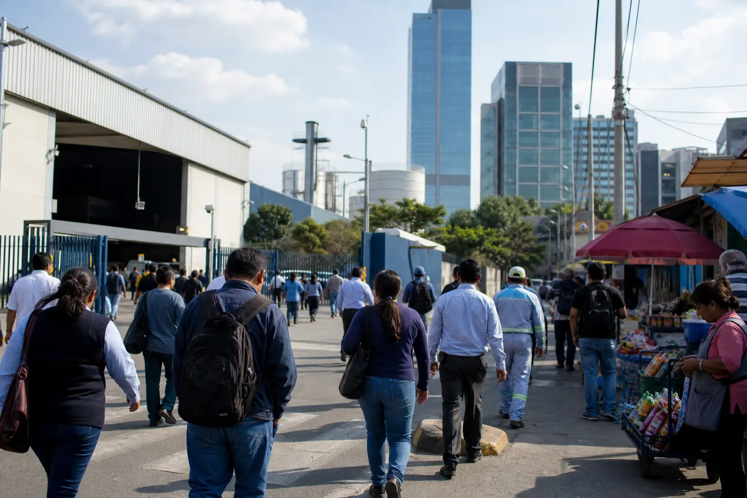 Trabajadores en una zona comercial e industrial de México, como representación del mercado laboral y el empleo en México.