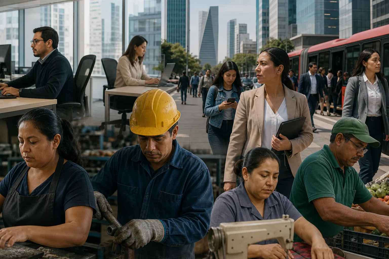 Trabajadores mexicanos en una zona comercial durante una jornada laboral