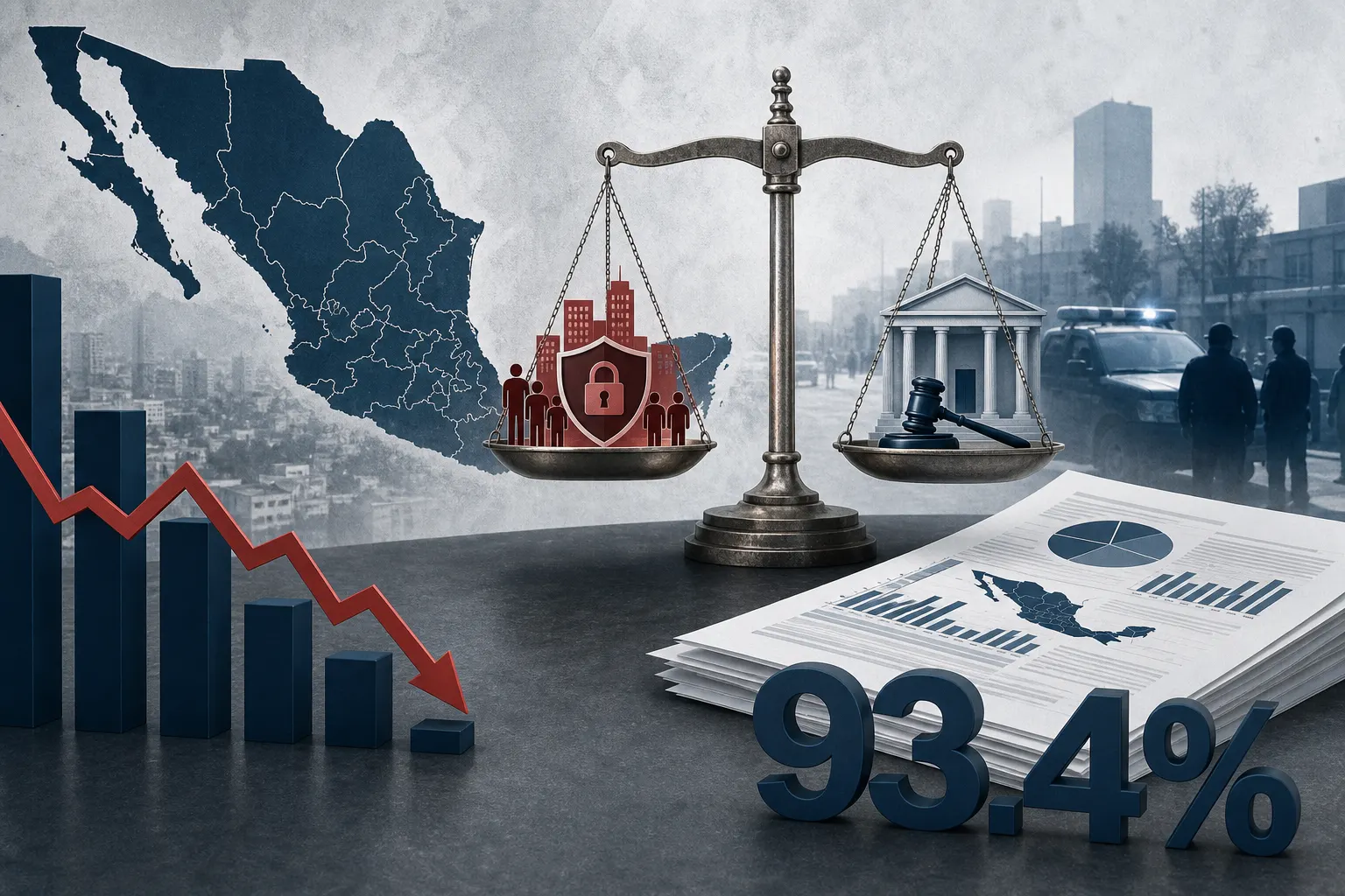 Gráfica conceptual sobre la ENVIPE 2026, la percepción de inseguridad y la cifra negra de delitos en México