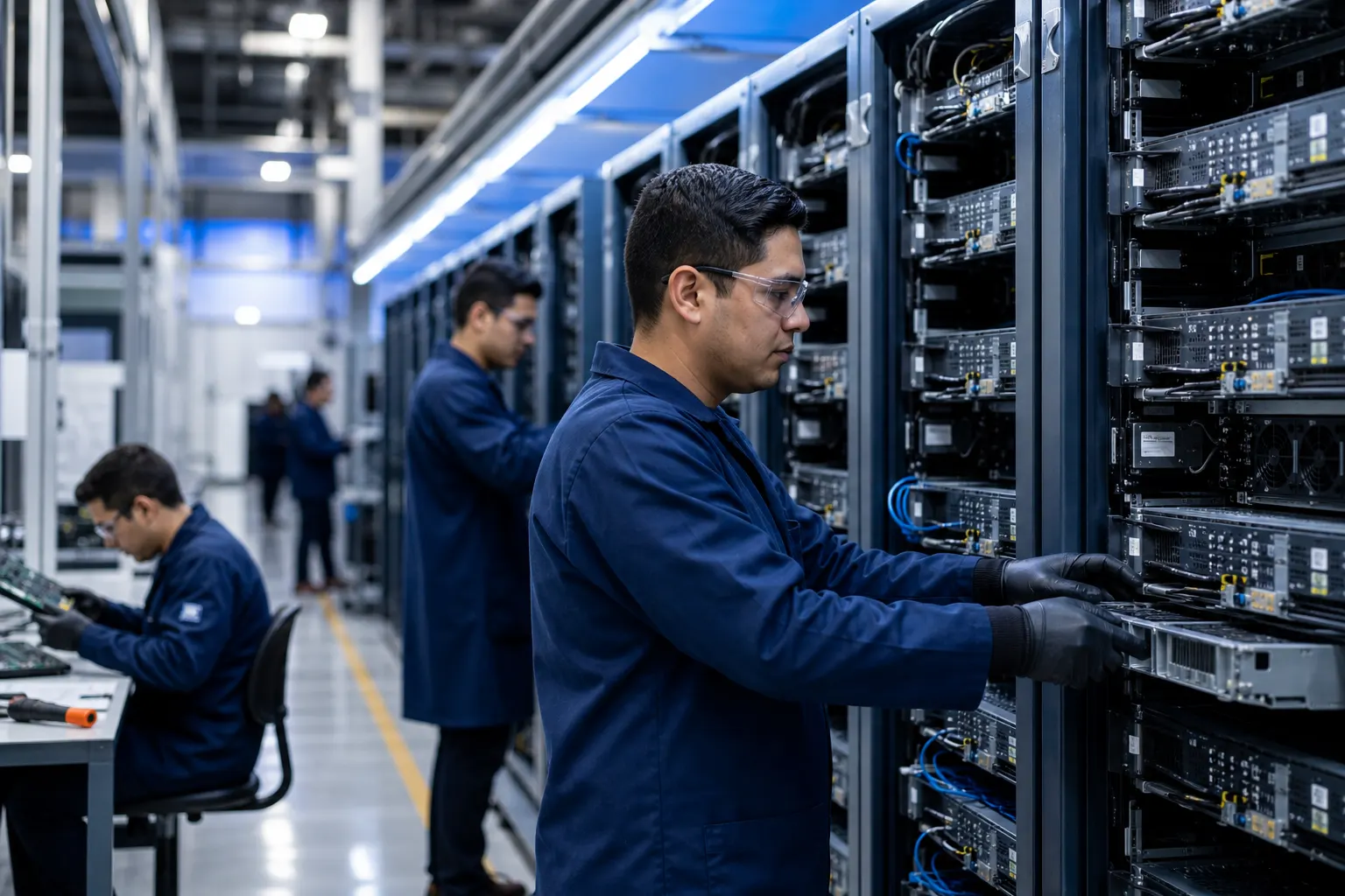 Ingenieros trabajan en el ensamble de servidores para inteligencia artificial en una planta tecnológica de México