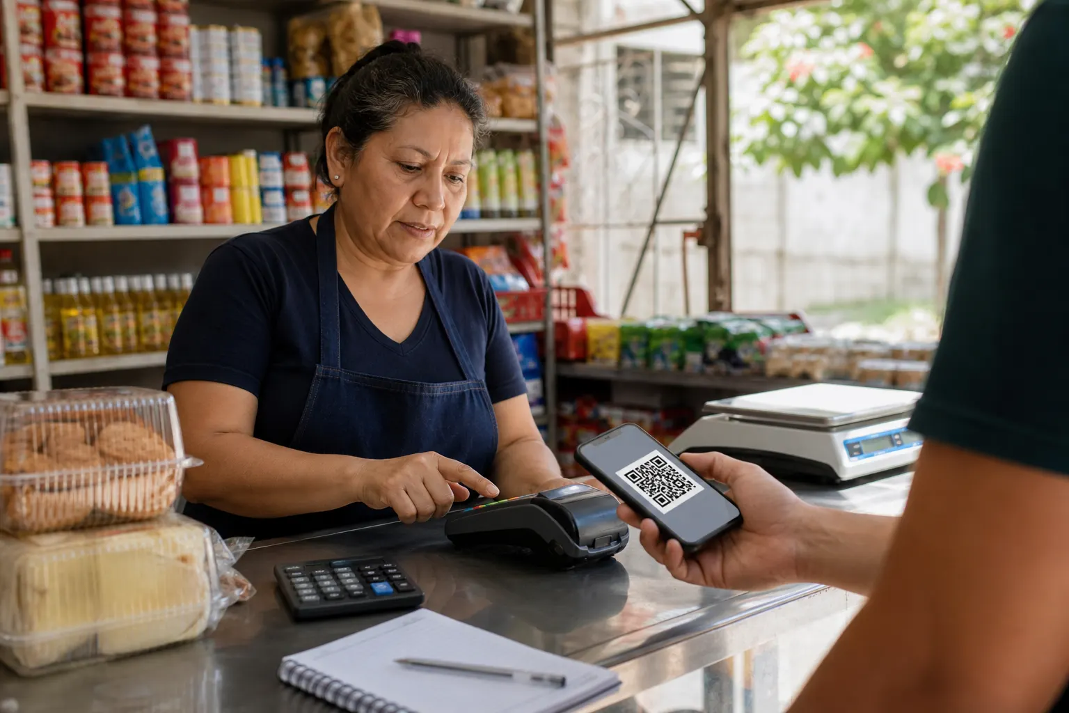 Pequeño comercio mexicano acepta un pago digital con terminal y código QR