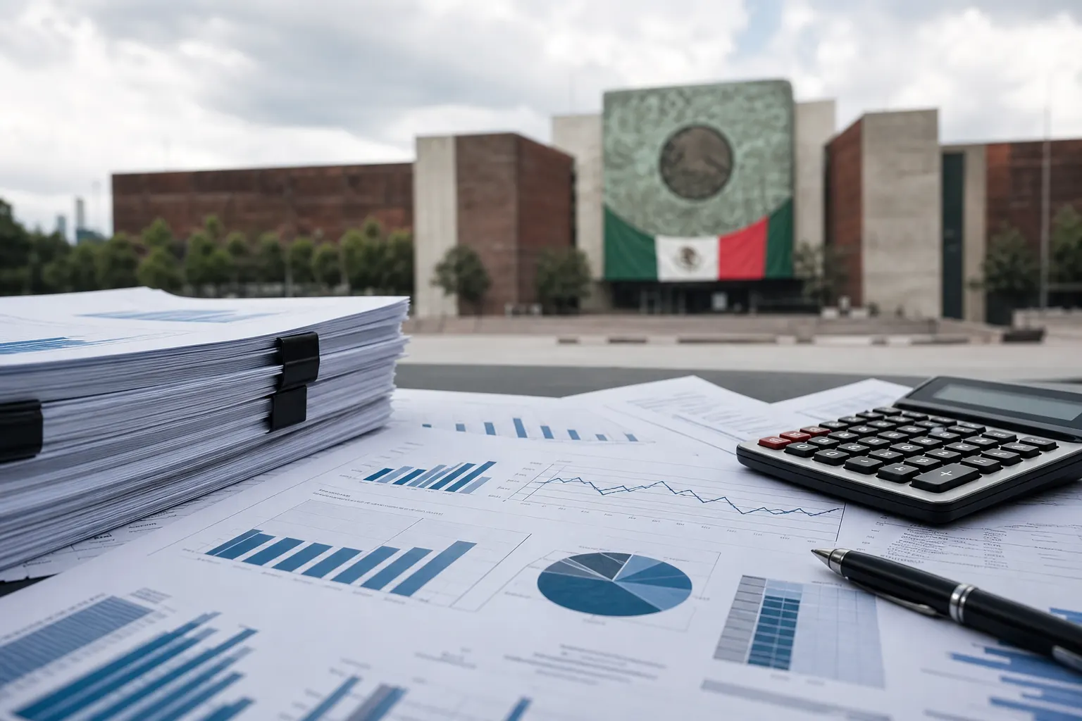 Documentos del Paquete Económico 2027 México junto a gráficos de finanzas públicas