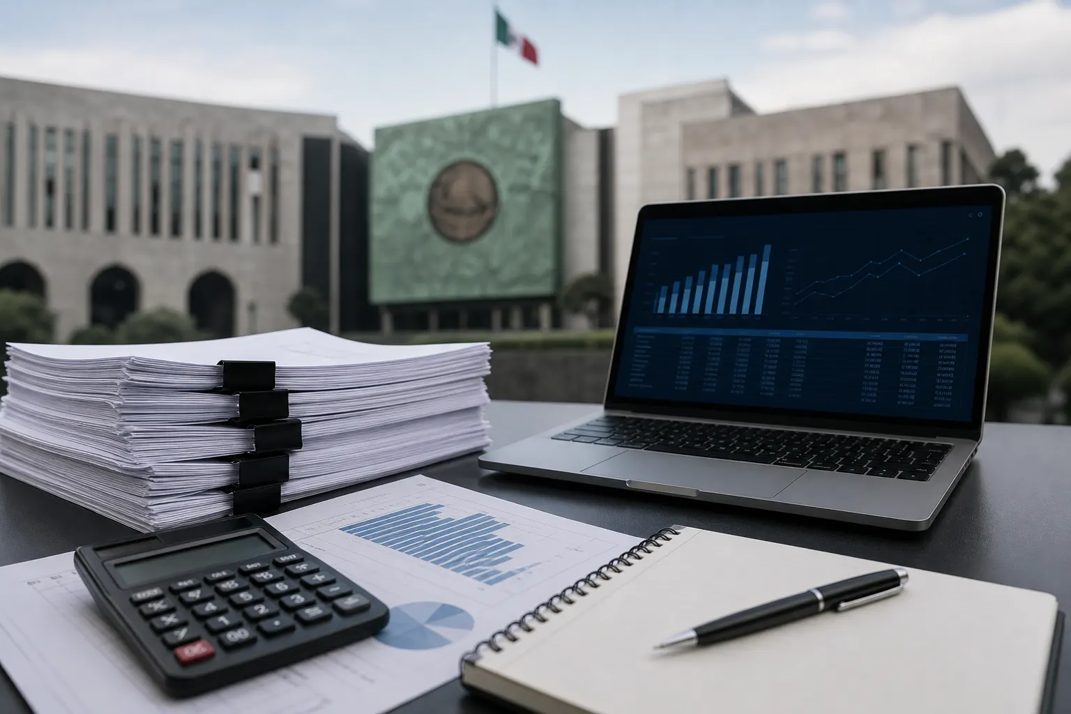 Documentos del Paquete Económico 2027 junto a una calculadora y una laptop con gráficos financieros