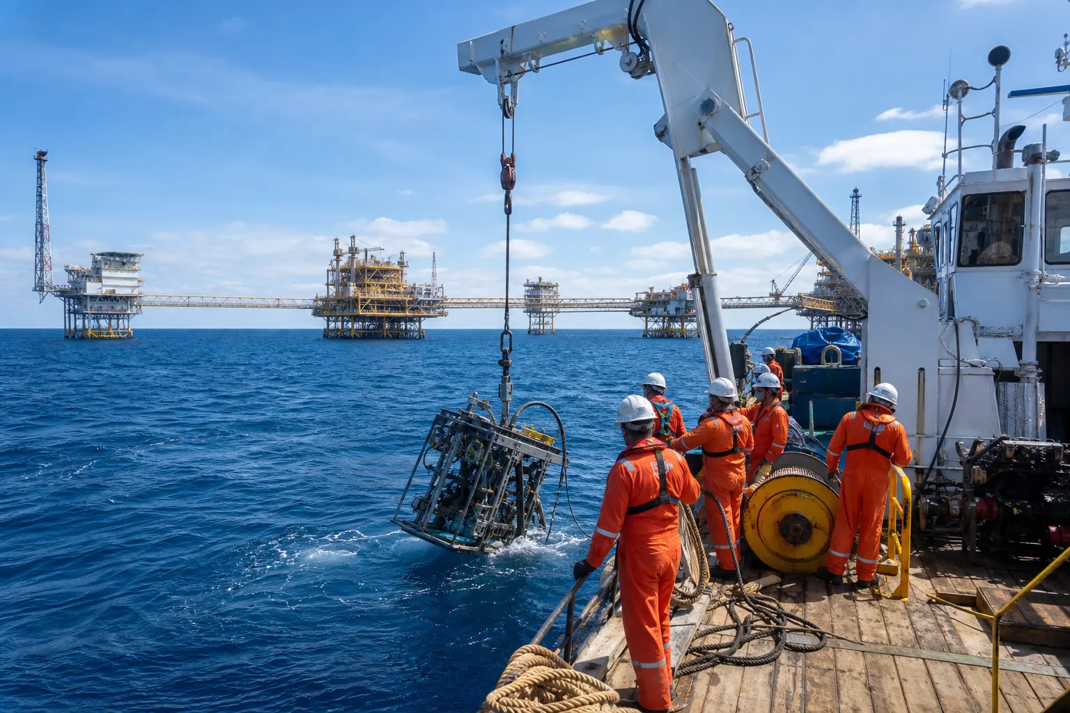 Embarcación de Pemex durante la reparación submarina de un ducto marino frente a Campeche