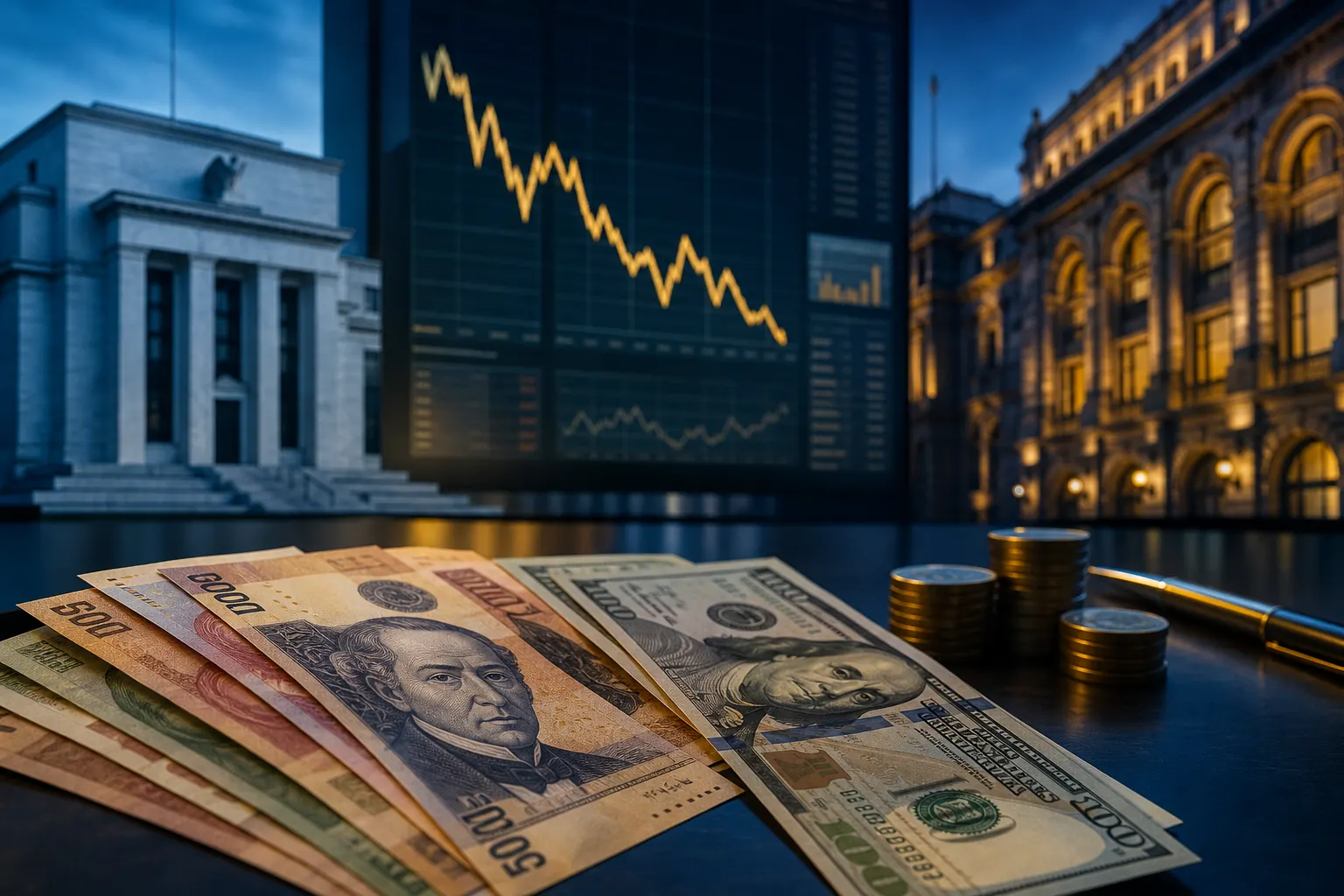 Billetes de peso mexicano y dólar junto a una gráfica financiera tras el alza de la Fed