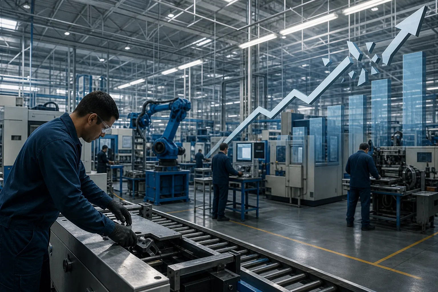 Trabajadores y maquinaria en una planta manufacturera mexicana durante un repunte desigual de la productividad laboral