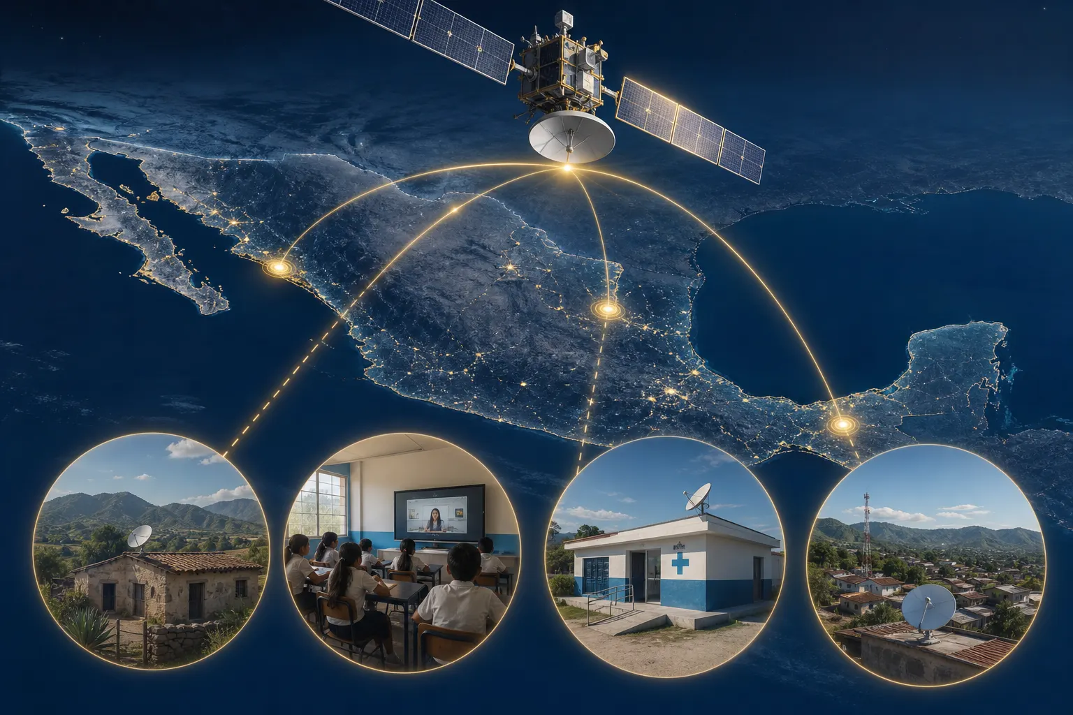 Satélite mexicano de telecomunicaciones sobre comunidades rurales y territorio nacional