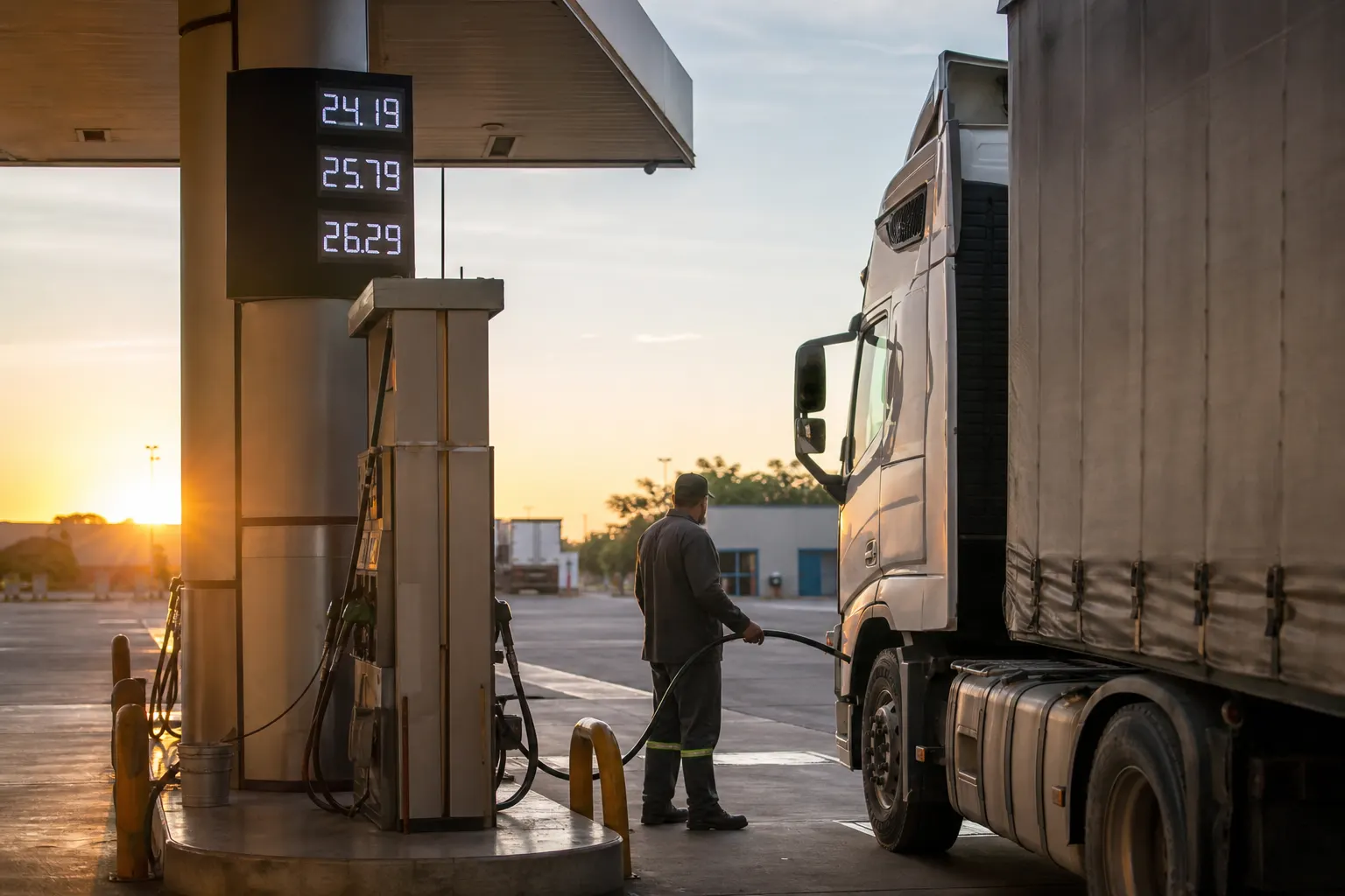Camión de carga abasteciéndose de diésel en una estación de servicio en México