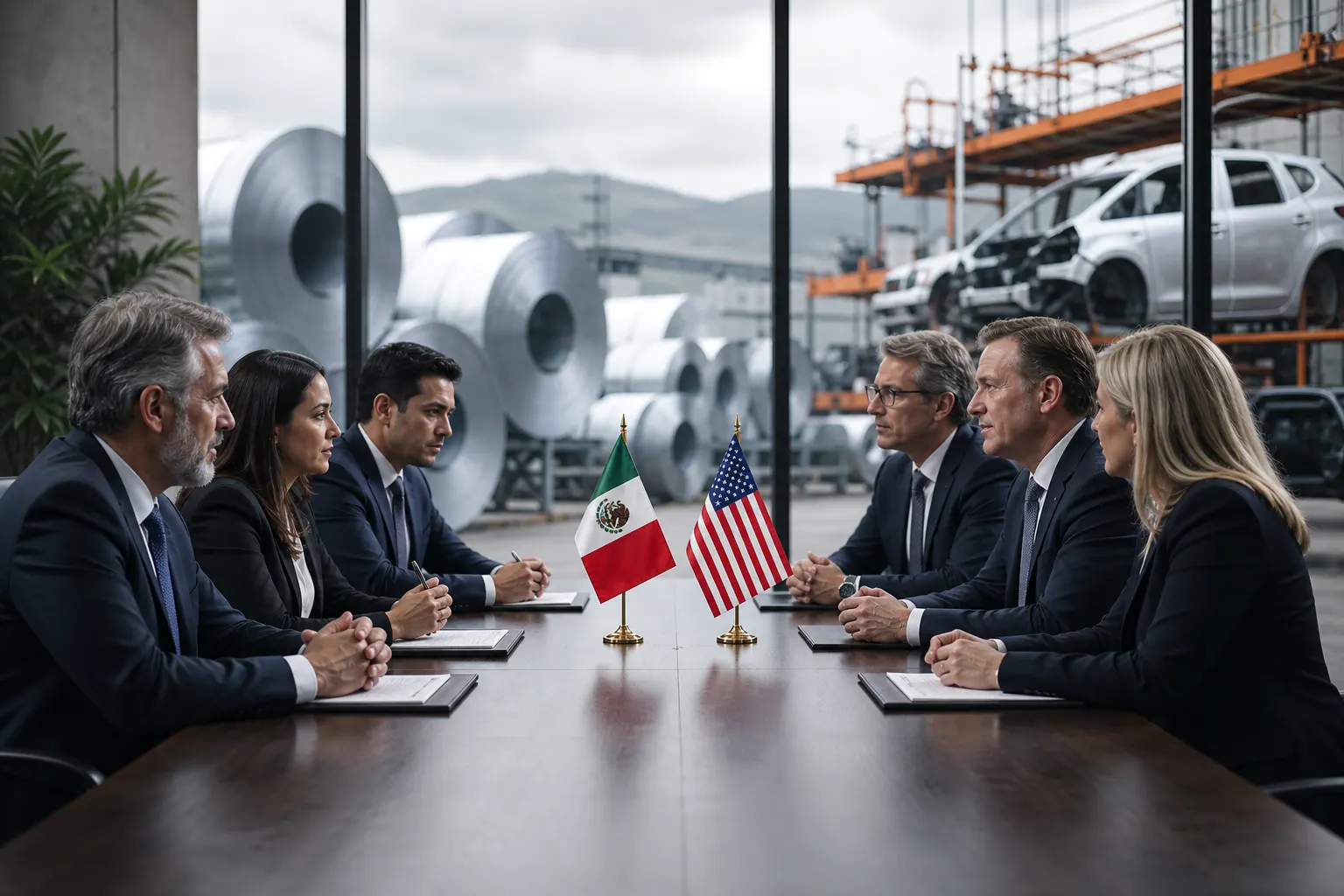 Documentos del T-MEC junto a banderas de México y Estados Unidos durante una negociación comercial