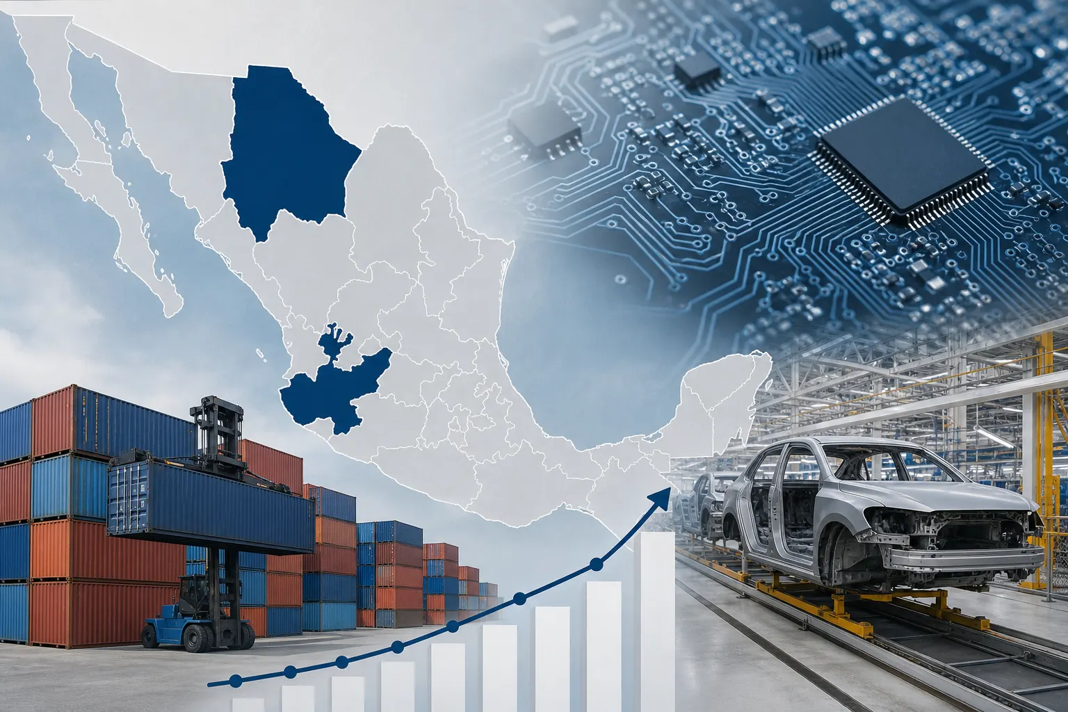 Mapa de México que muestra la concentración estatal de las exportaciones electrónicas en Chihuahua y Jalisco durante el segundo trimestre de 2026