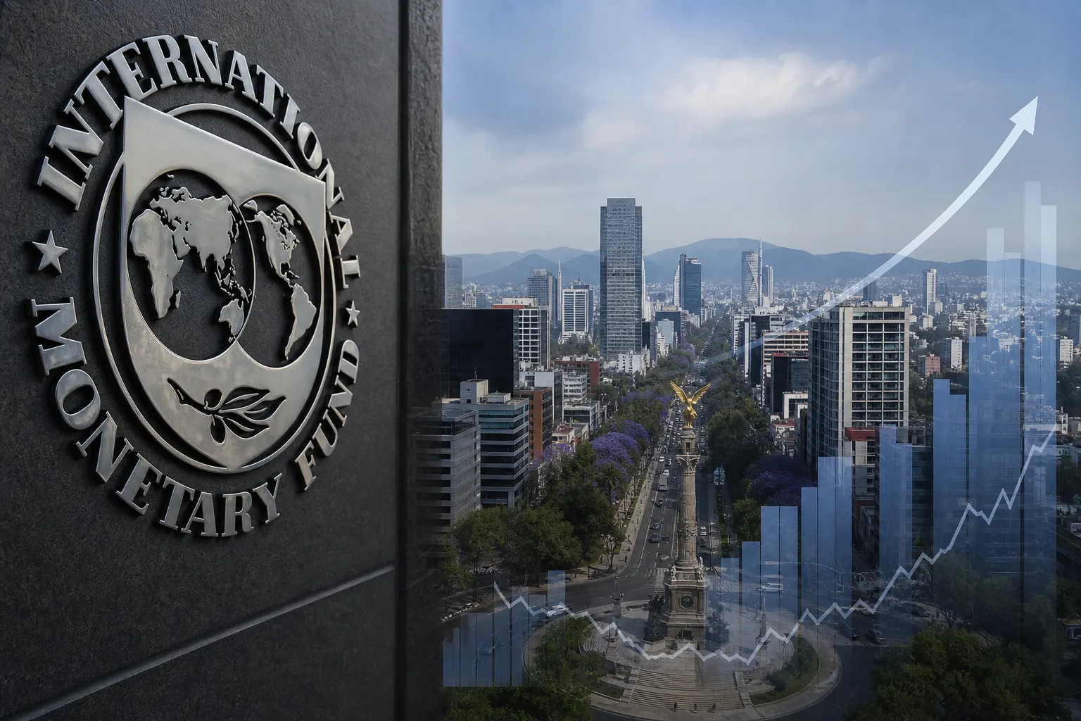 Fachada institucional del FMI y skyline de Ciudad de México en una ilustración económica