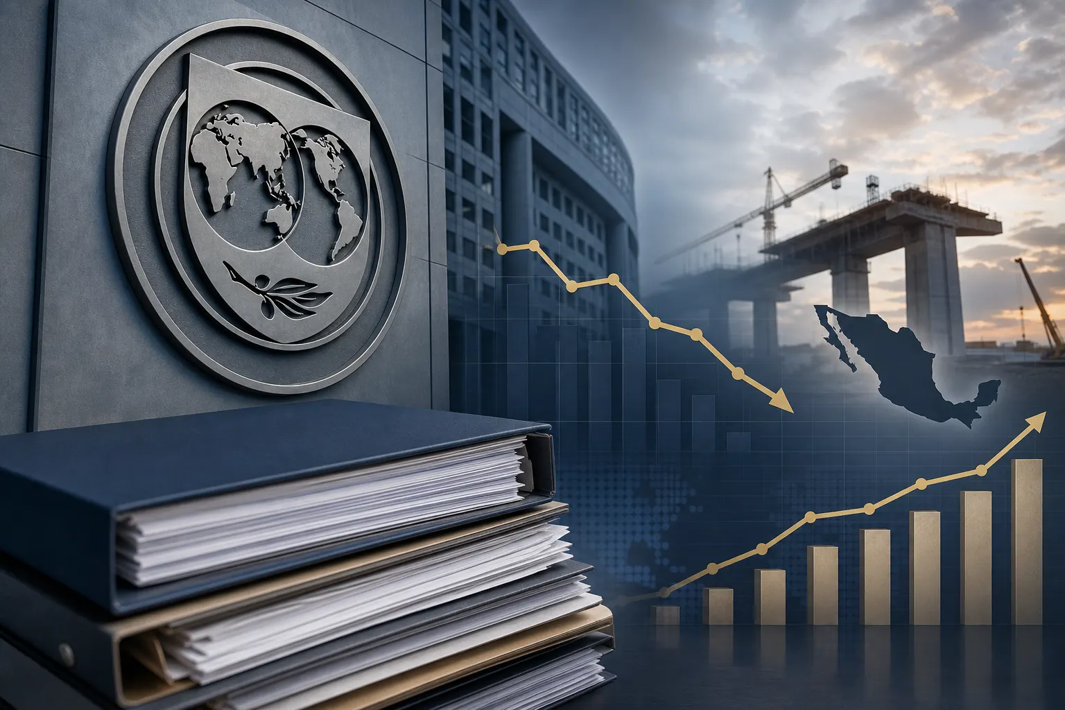 Documentos fiscales de México junto a una gráfica de deuda pública y crecimiento moderado