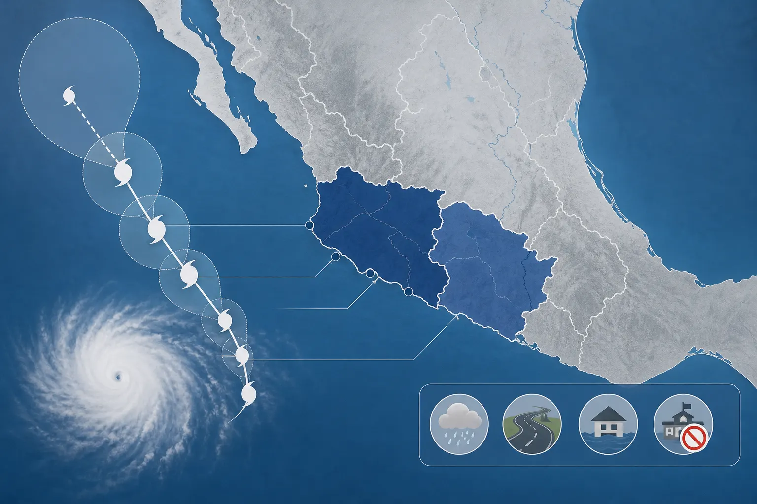 Mapa del Pacífico mexicano con zonas de riesgo por el huracán Simón y municipios con suspensión de clases
